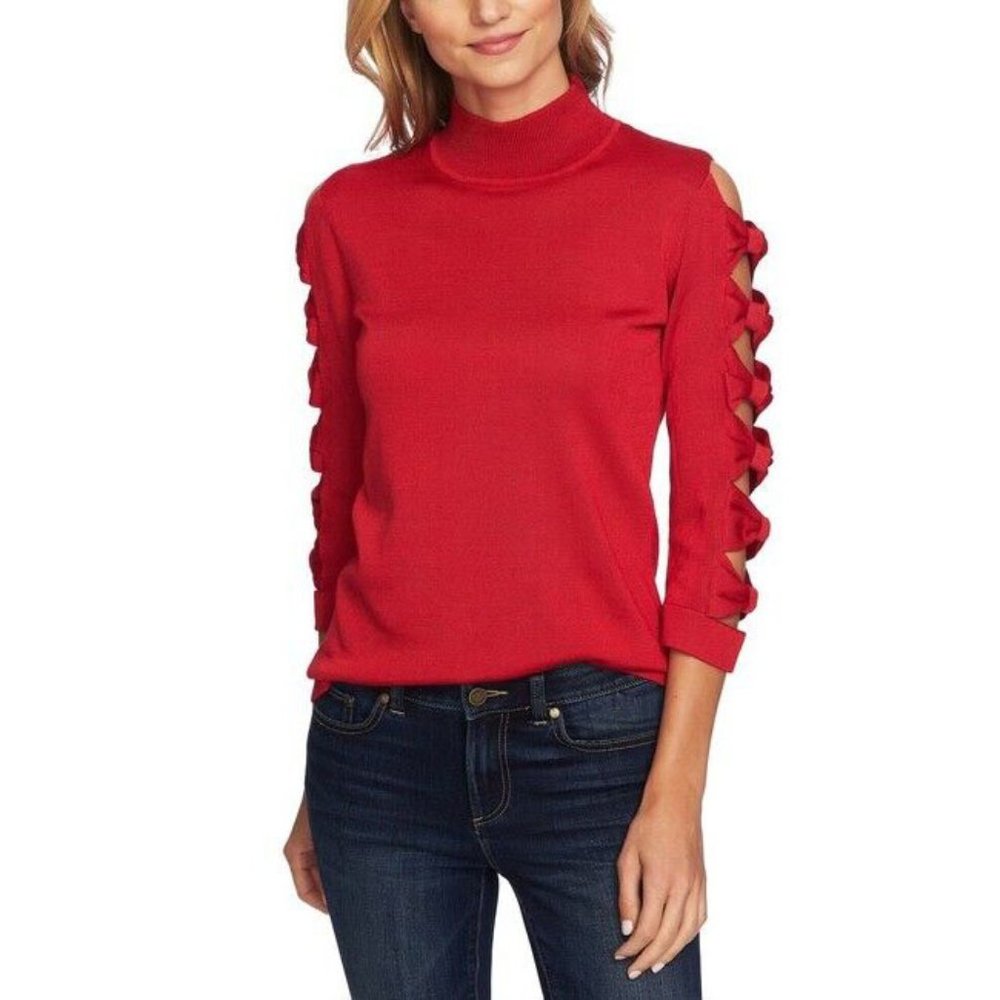 CeCe by Cynthia Steffe Bow Sleeve Crewneck Pullover Sweater in Red - Size XS - Picture 3 of 15